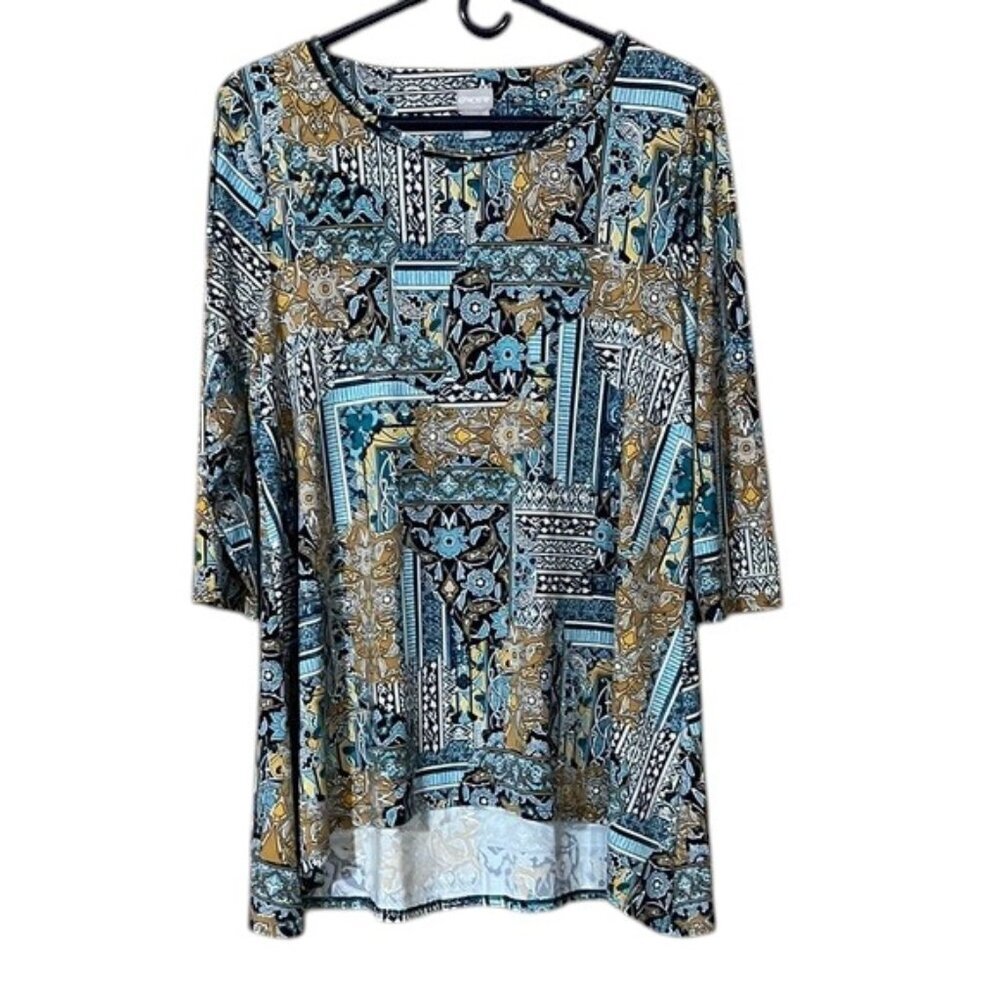 Chico's Blue Patchwork Print Tunic Round Neck 3/4 Sleeve
